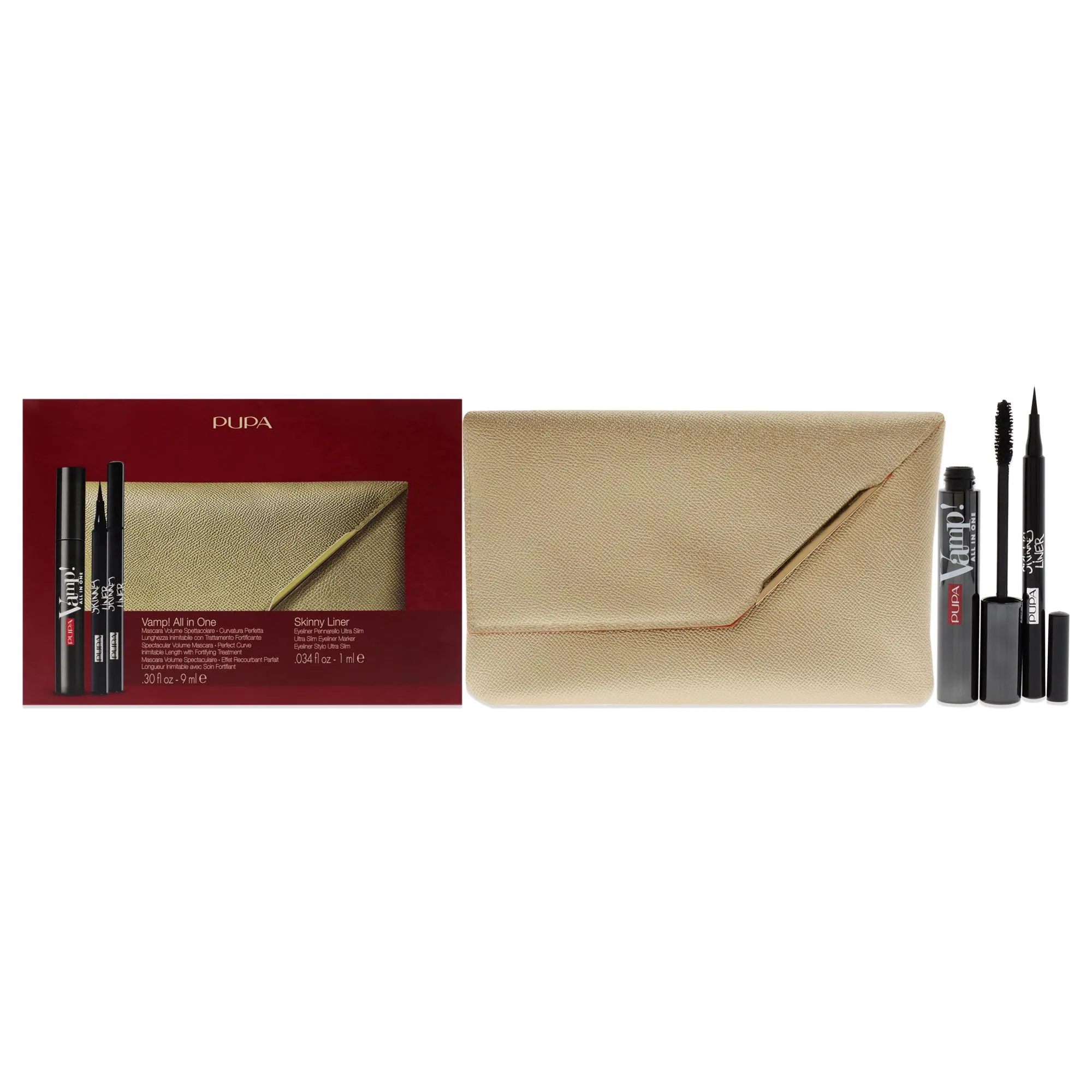 Pupa Milano Vamp! All in One and Skinny Liner Set by Pupa Milano for Women - 3 Pc 0.30oz Vamp! All in One Mascara - 101 Black. 0.034oz Skinny Liner. Handy Bag