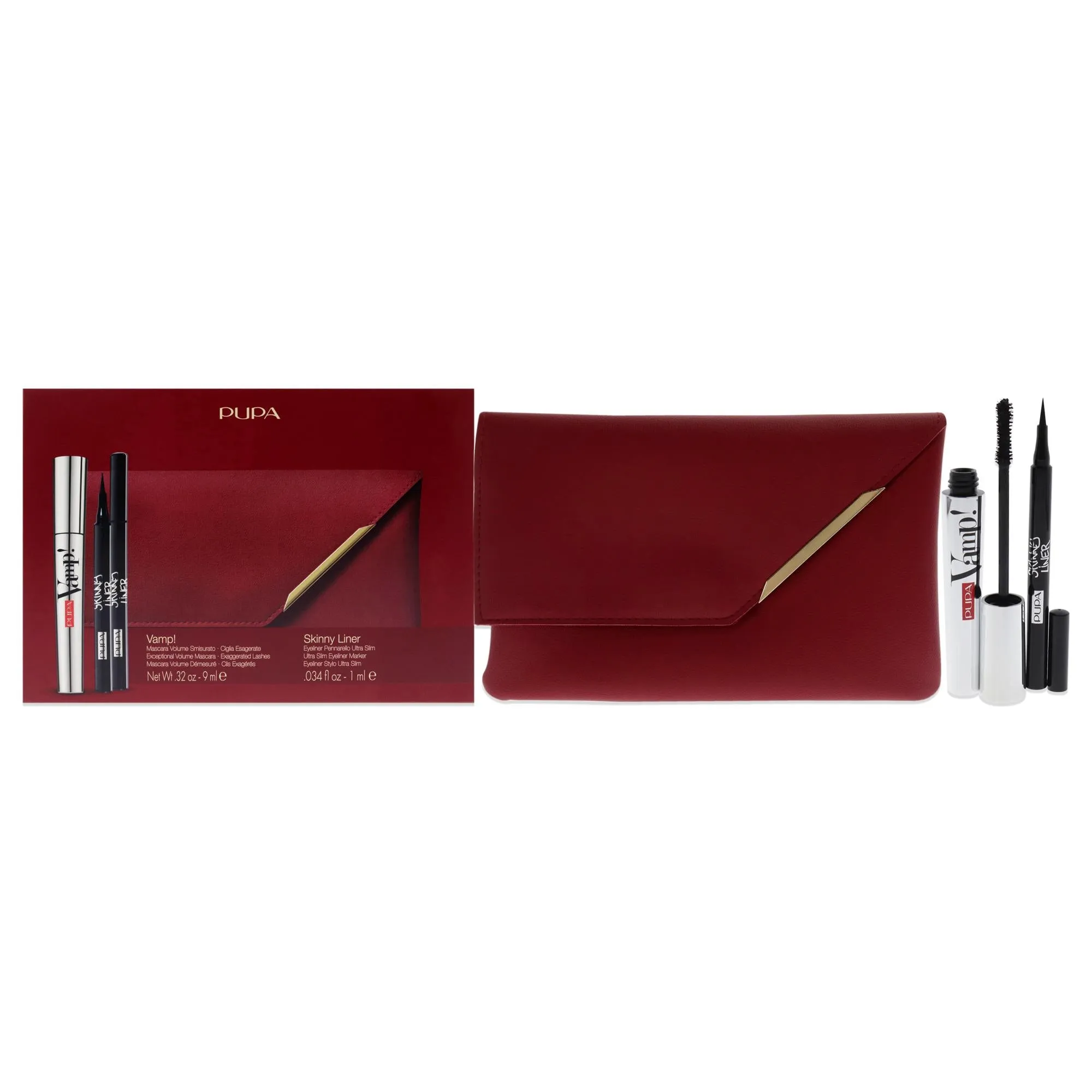 Pupa Milano Vamp! and Skinny Liner Set by Pupa Milano for Women - 3 Pc 0.32oz Vamp! Mascara - 100 Black. 0.034oz Skinny Liner. Handy Bag