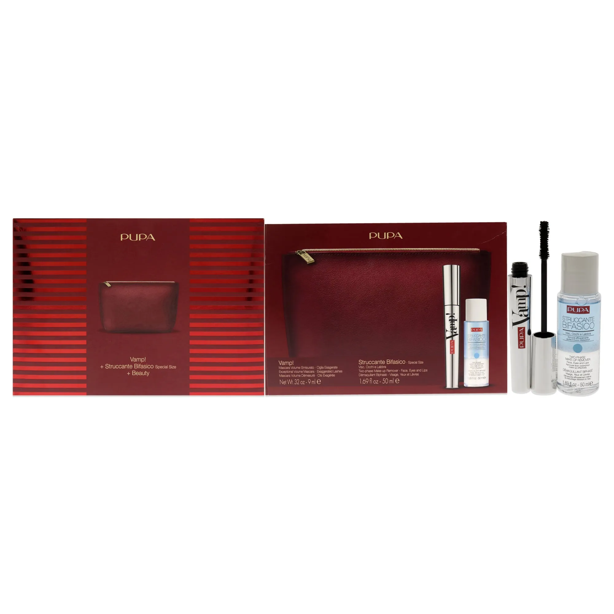 Pupa Milano Vamp! Mascara and Two-Phase Make-Up Remover Set by Pupa Milano for Women - 3 Pc 0.32oz Vamp! Mascara - 100 Black. 1.69oz Two-Phase Make-Up Remover. Beauty Bag